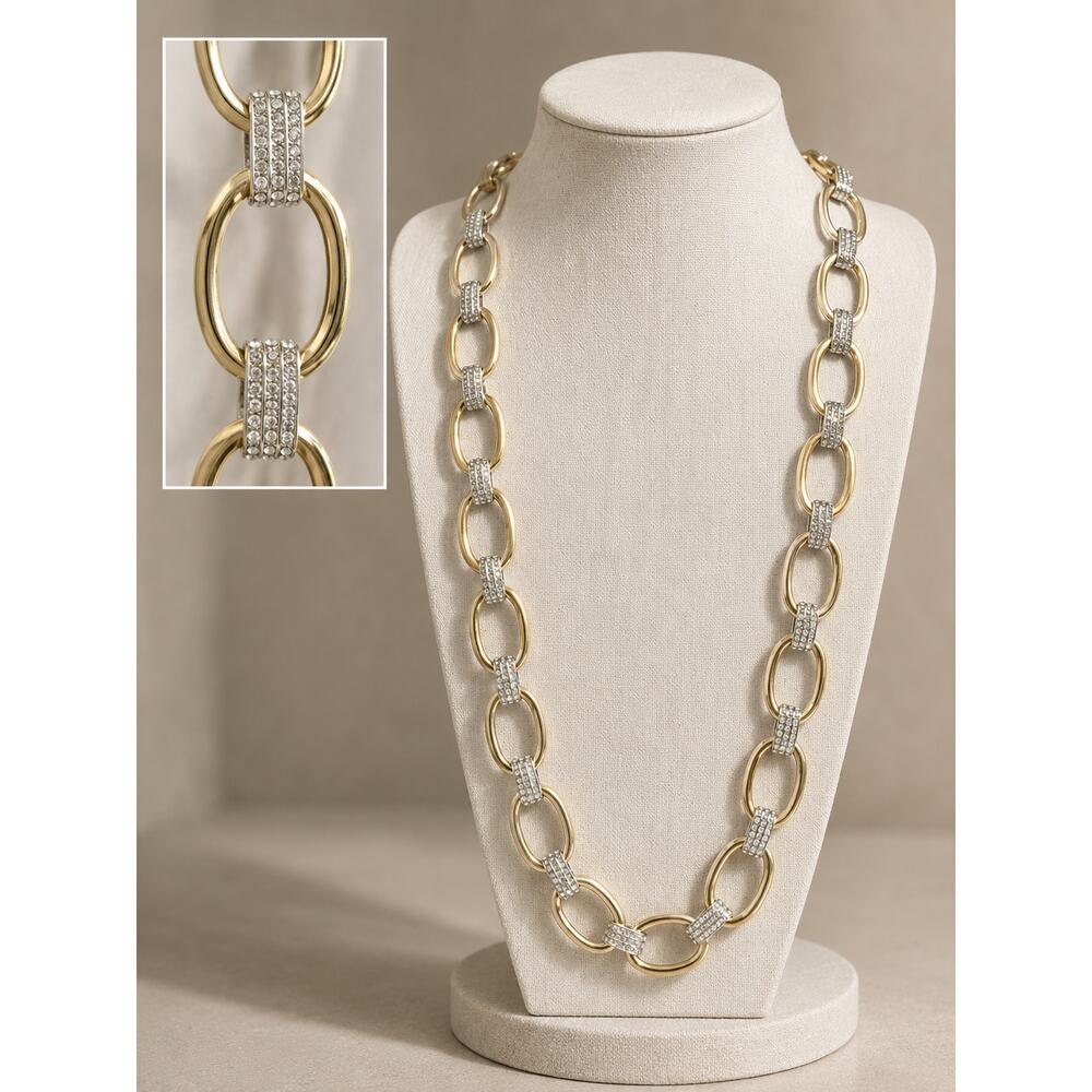 OPC Gold & Silver Two-Tone Chain Link Necklace Crystal Accents 28"